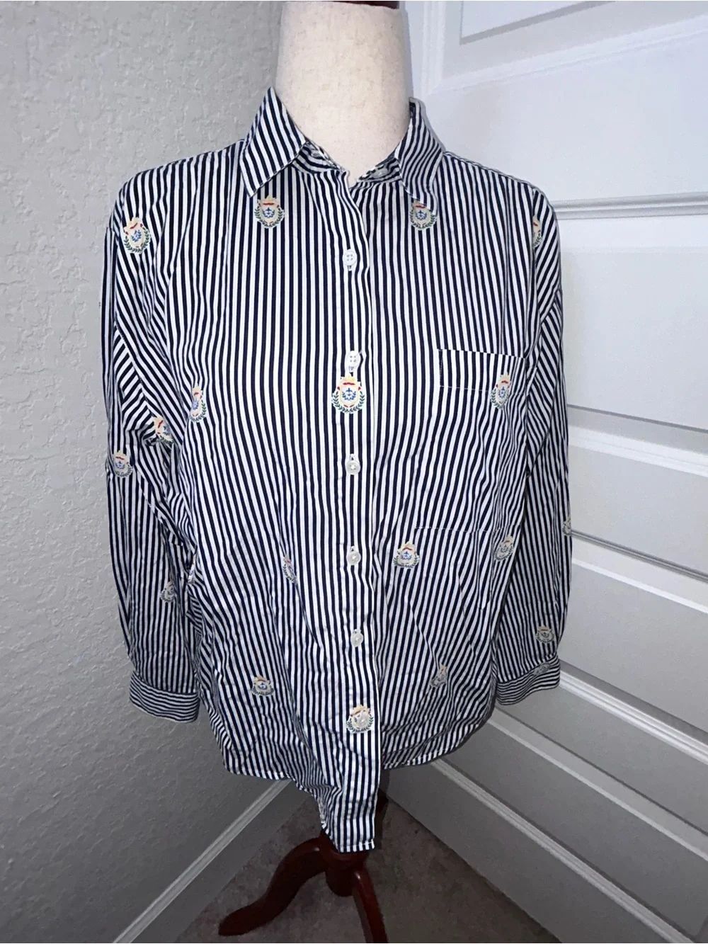 Vintage Talbots Stripe Logo Print Button Front Long Sleeve Blouse Shirt Top